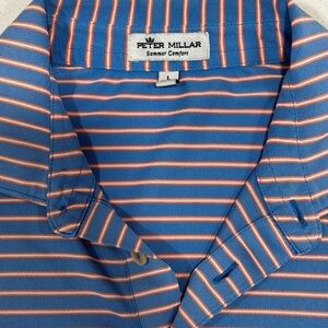 Peter Millar Men's Golf Polo with Blue and Orange Stripes